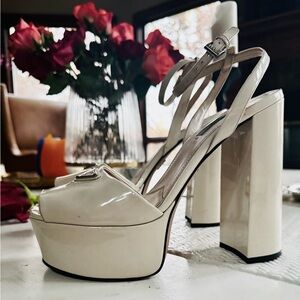 Peep Toe Prada Cream Patent Leather Platform Heel